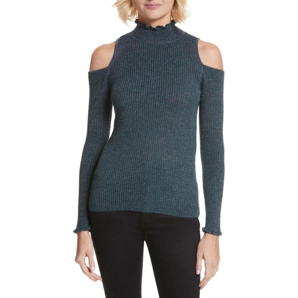 Rebecca Taylor Cold-Shoulder Metallic Ribbed Wool Blend Sweater